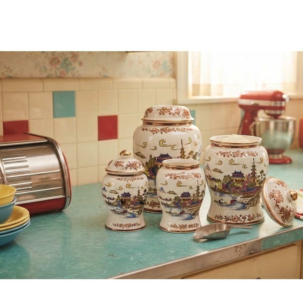 4 Piece Chinoiserie Ceramic Kitchen Canister Set Pagoda Landscape Ginger Jars